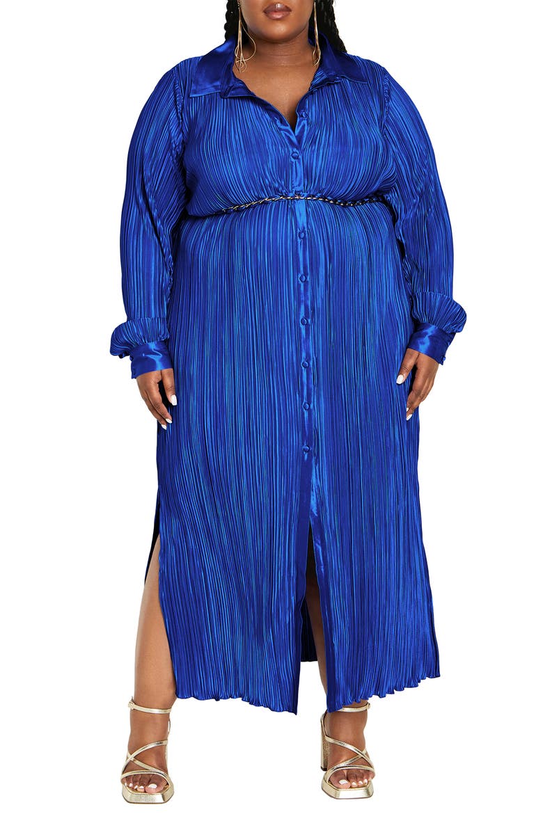 Amirah Belted Plissé Maxi Shirtdress, Main, color, BLUE
