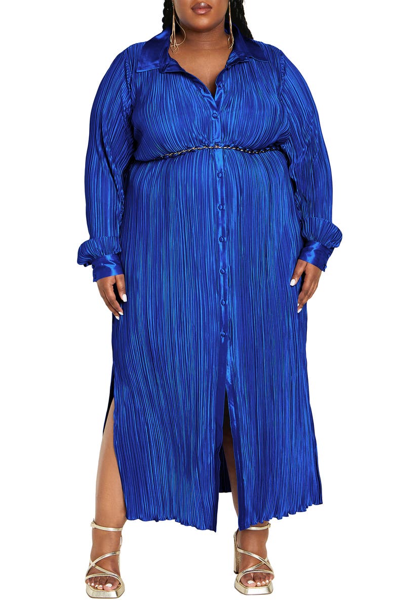 City Chic Amirah Belted Plissé Maxi Shirtdress, Main, color, Blue