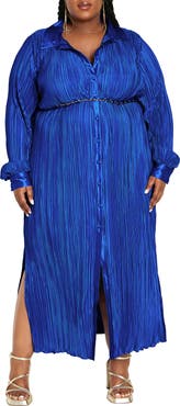 City Chic Amirah Belted Plissé Maxi Shirtdress