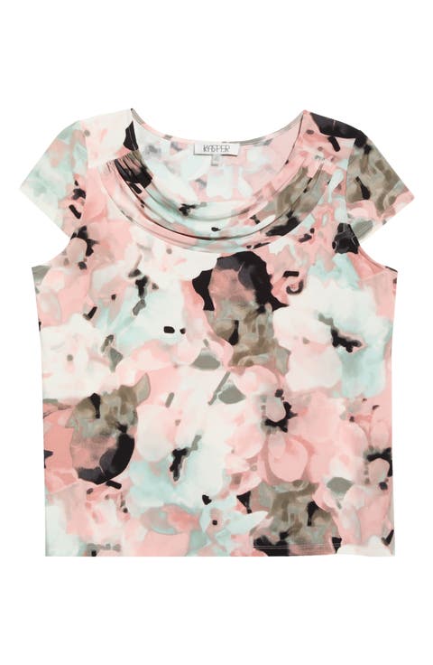 Blurred Floral Print Cowl Neck Top