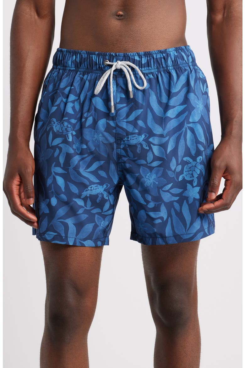 Floral & Turtle Print Water Repellent Stretch Volley Swim Trunks, Main, color, NAVY