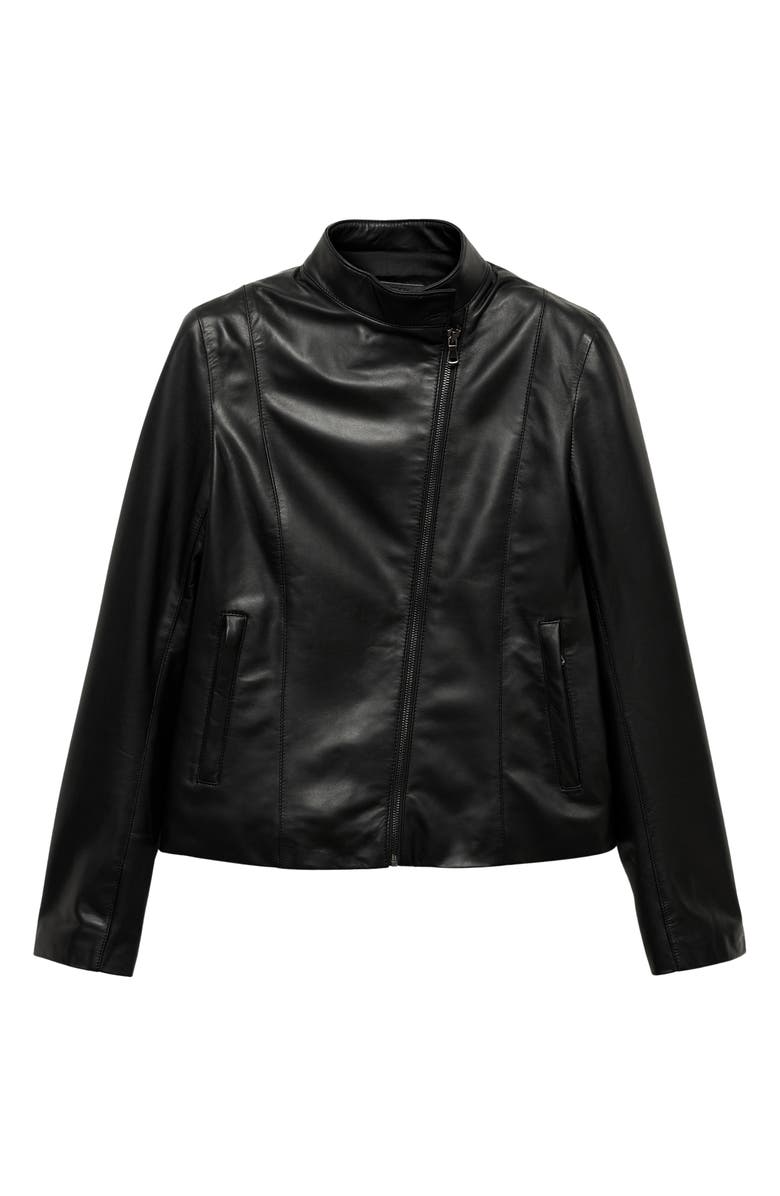 MANGO Leather Moto Jacket, Alternate, color, Black