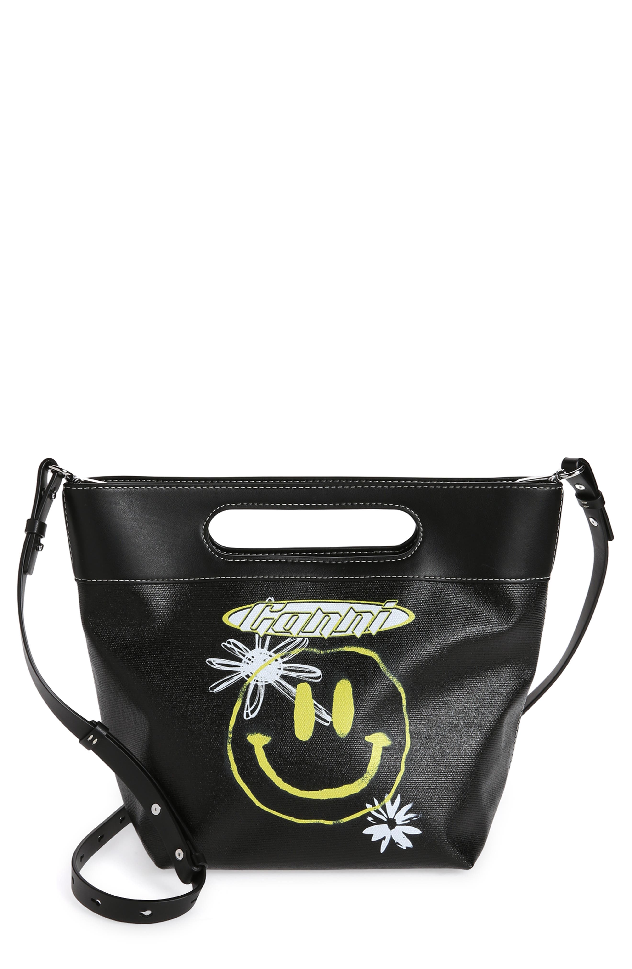 Ganni Small Smiley Canvas Tote Bag, Main, color, 