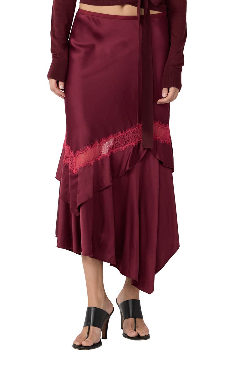 Sylvie Lace Trim Handkerchief Hem Satin Skirt, Main, color, CHERRY WOOD