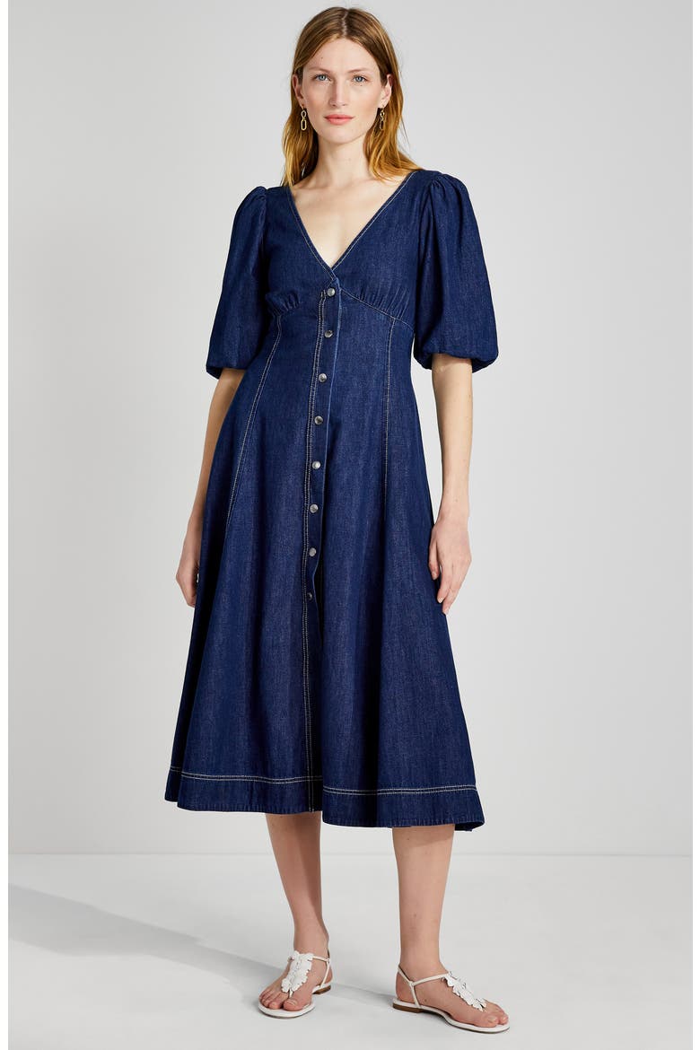 cotton denim snap front dress, Alternate, color, INDIGO