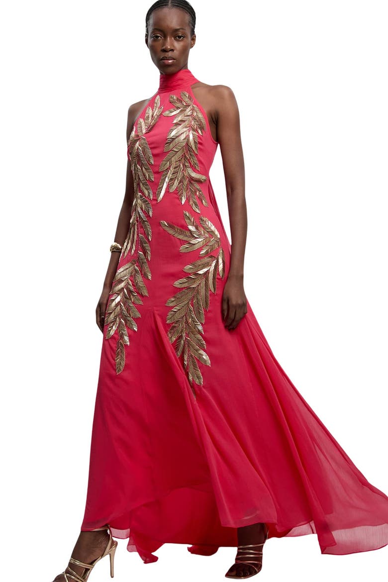 Halter Neck Embellished Maxi Dress, Main, color, Pink
