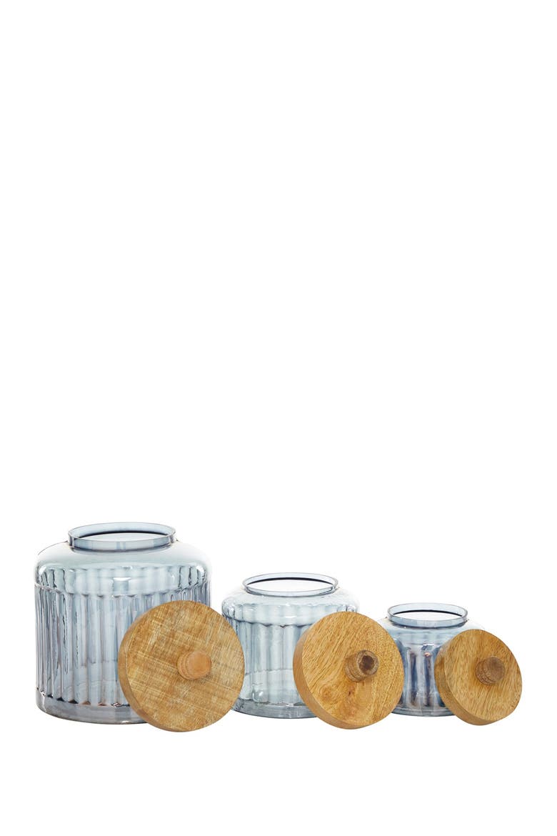 Gray Glass Decorative Jar with Wood Lid - Set of 3, Alternate, color, GREY
