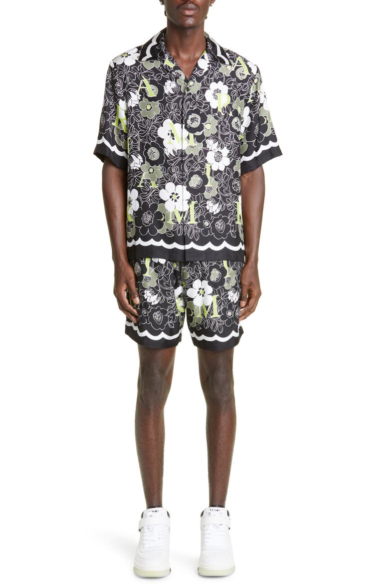 Floral Amiri Silk Shorts, Alternate, color, BLACK