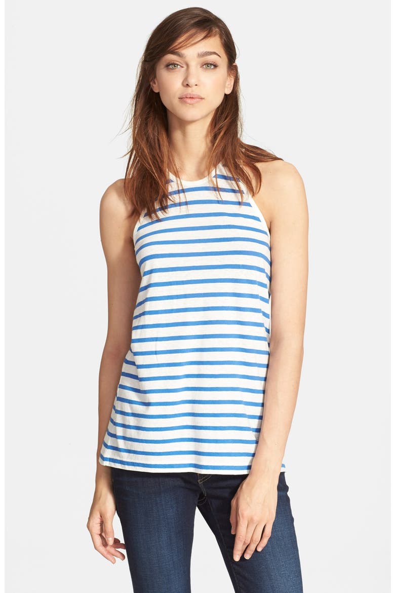 T by Alexander Wang Stripe Linen & Cotton Racerback Tank, Main, color, IVORY/ COBALT