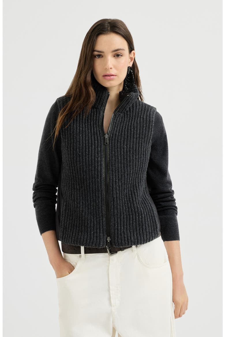 Cashmere Feather yarn reversible knit down vest with monili, Main, color, Lignite