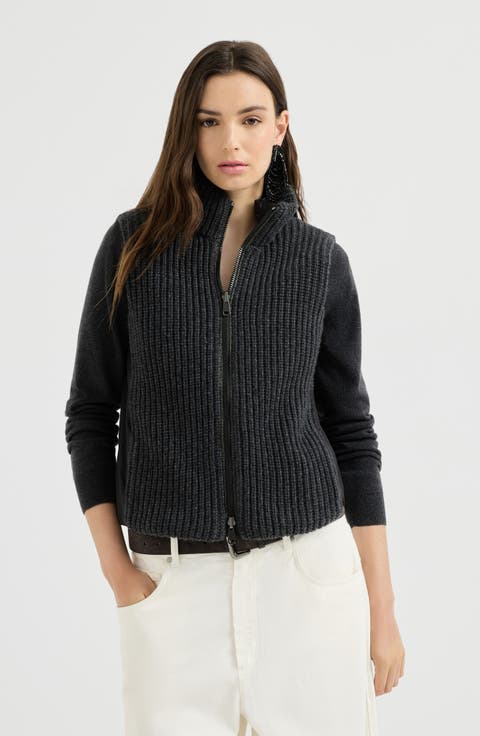 Cashmere Feather yarn reversible knit down vest with monili