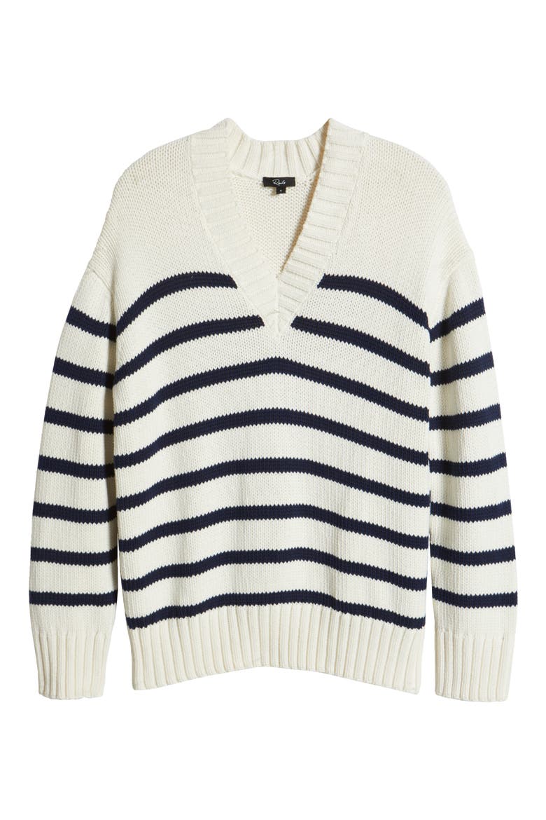 Penny Stripe V-Neck Cotton Sweater, Alternate, color, IVORY NAVY STRIPE