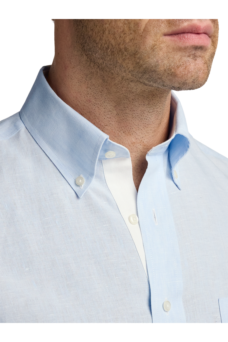 Linen Buttondown Collar Poplin Tailored Contrast Trim Hemmed Short Sleeve Shirt, Alternate, color, Light Blue