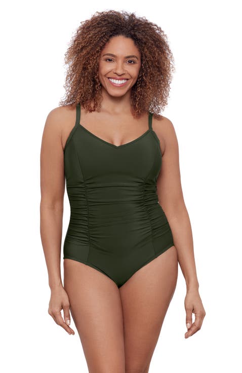 Princess Seam V-Neck Side Shirred Adjustable One-Piece Swimsuit