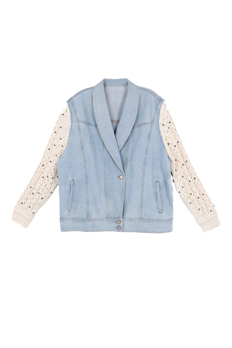 Embellished Knit Sleeve Denim Jacket, Alternate, color, DENIM
