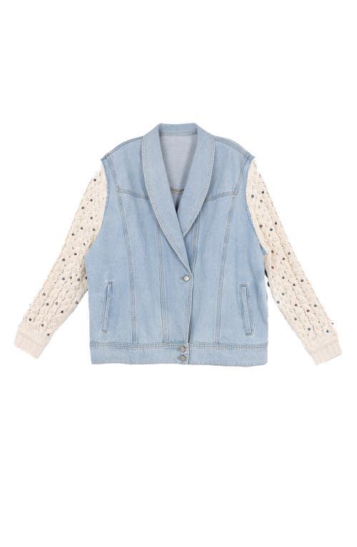 Saachi Embellished Knit Sleeve Denim Jacket In Blue