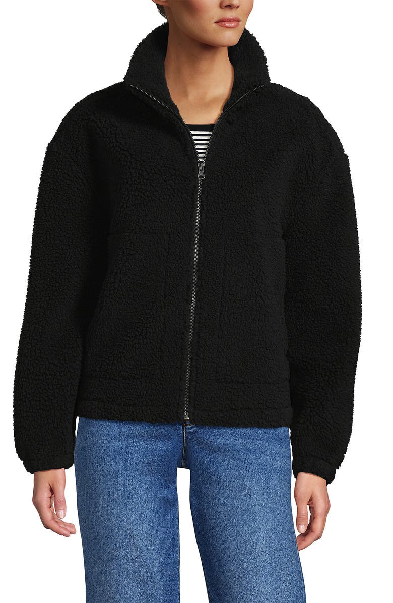 Lands' End Shearling Zip Front Fleece Jacket, Main, color, Black