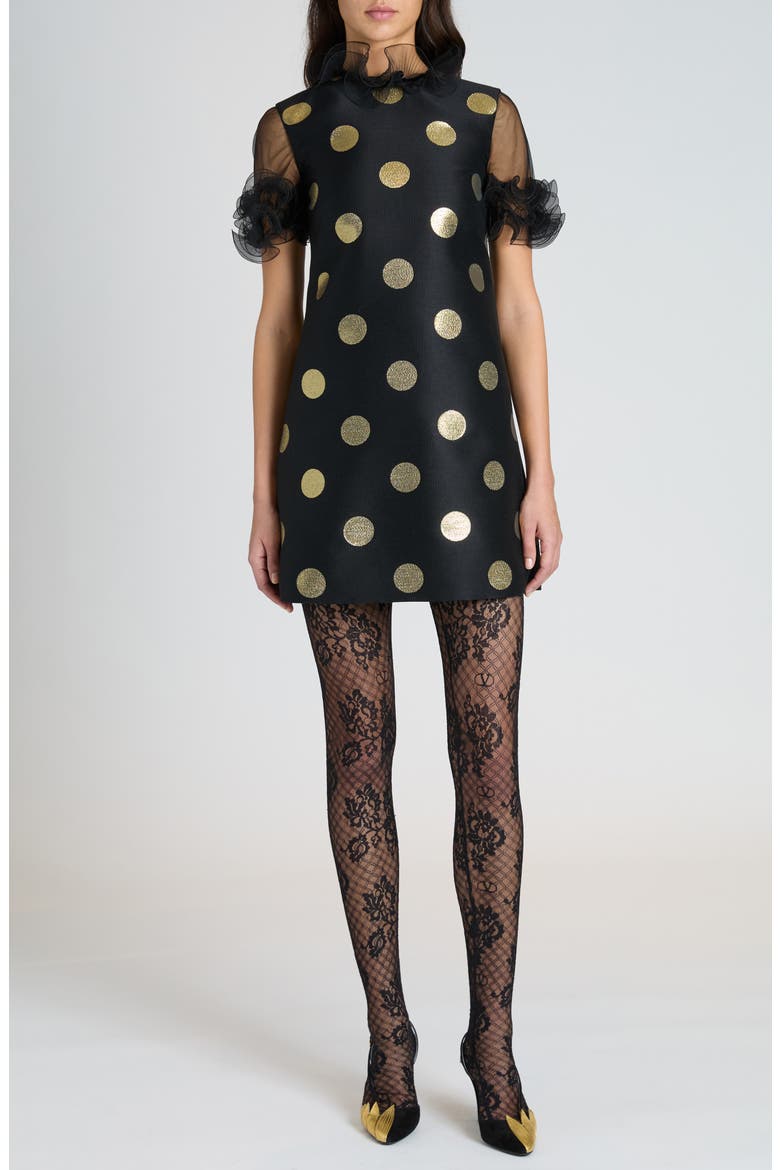 Polka Dot Ruffle Trim Shift Dress, Main, color, BLACK