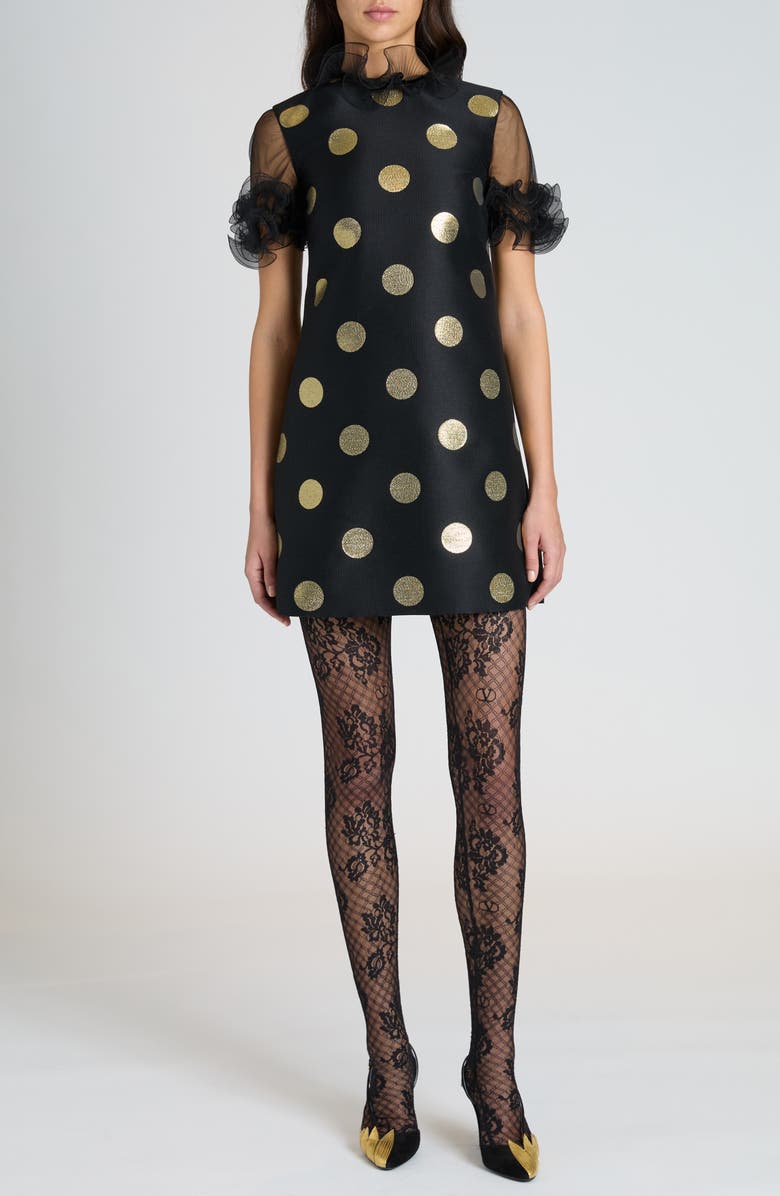 Valentino Garavani Polka Dot Ruffle Trim Shift Dress, Main, color, 