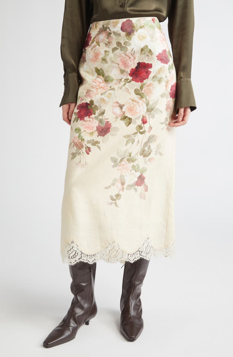 Zimmermann Hypnotic Floral Lace Trim Linen Pencil Skirt, Main, color, Cream Cascade
