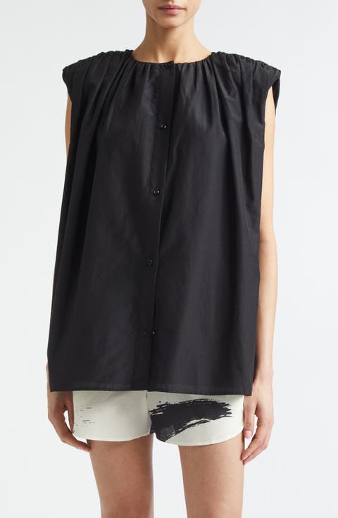 Anca Gathered Sleeveless Cotton & Silk Voile Button-Up Top