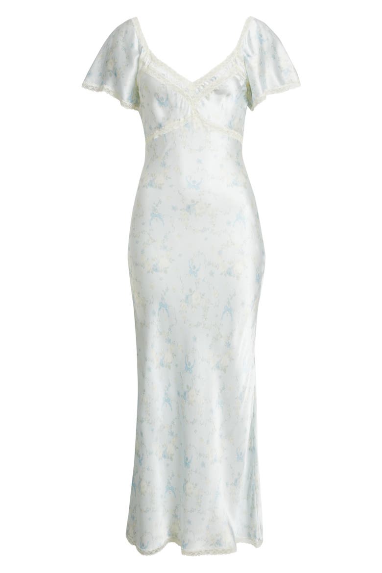 Eline Floral Print Lace Trim Silk Maxi Dress, Alternate, color, SNOWDROP BLUE