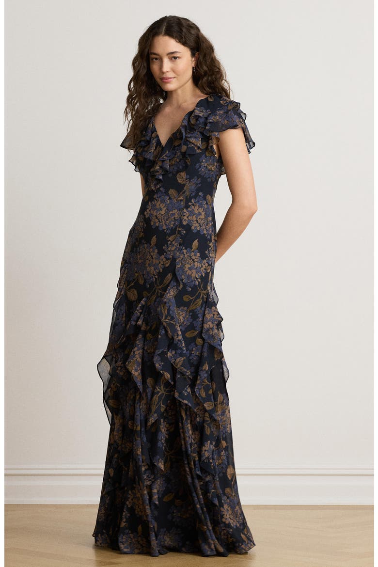 Floral Georgette Maxi Dress, Alternate, color, NAVY BLUE/ MULTI