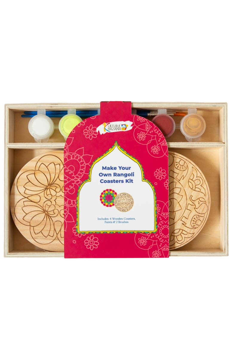 KULTURE KHAZANA Make Your Own Rangoli Coaster Kit Diy 4 Wooden Coasters, Main, color, Multicolored
