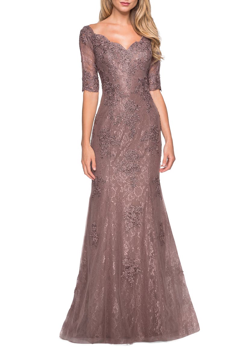 Beaded V-Neck Lace Gown, Main, color, COCOA