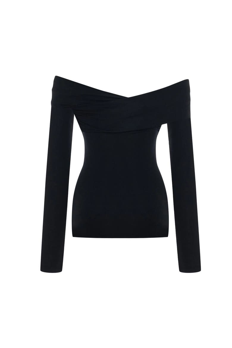 The Party Edit Rib Draped Long Sleeve Top, Alternate, color, BLACK