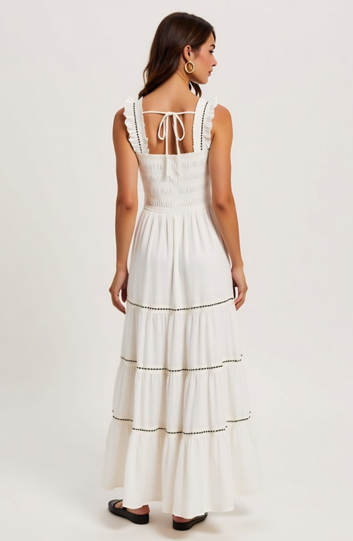 Modenaire Smocked Bodice Tiered Maxi Dress With Ruffle Straps And Trim Details In White