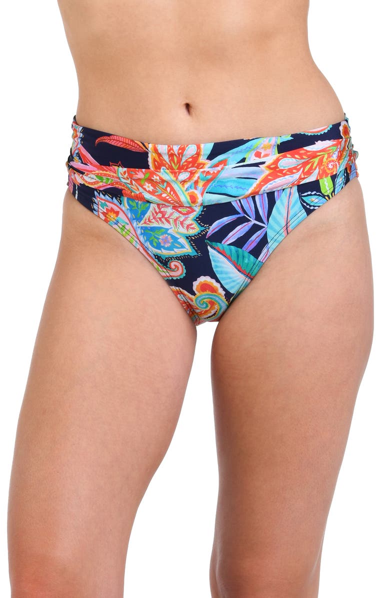 La Blanca Tropidelic Paisley Shirred Banded Bikini Bottoms, Alternate, color, Blue Multi