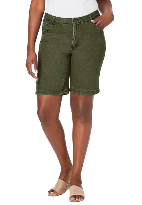 Jessica London Classic Cotton Denim Shorts In Green