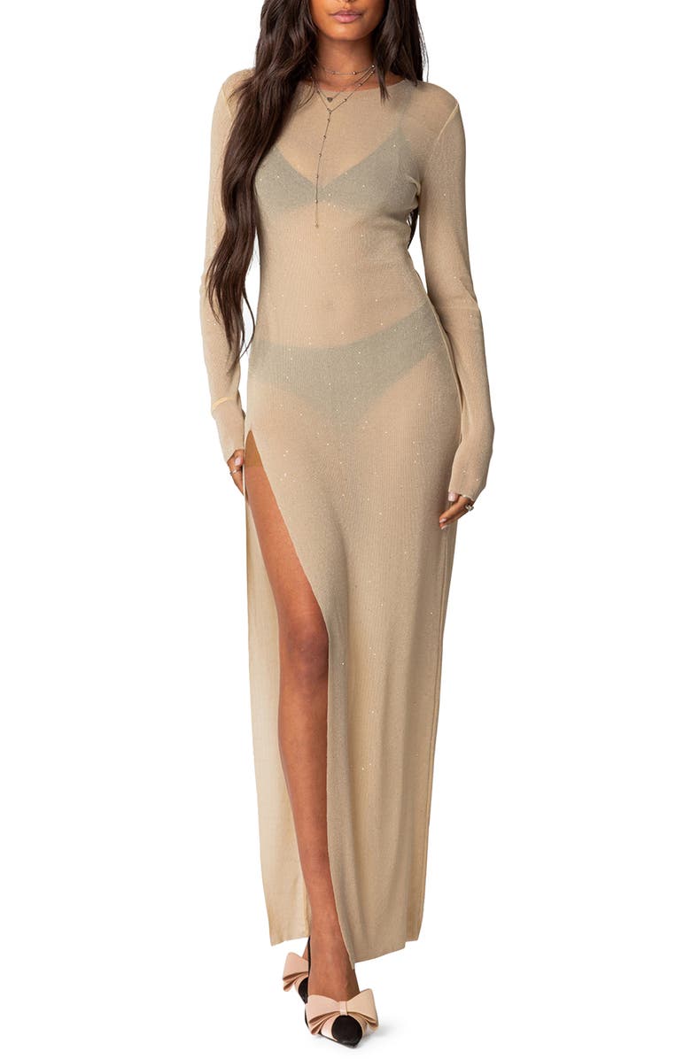 EDIKTED Glitter Long Sleeve Mesh Maxi Dress, Main, color,