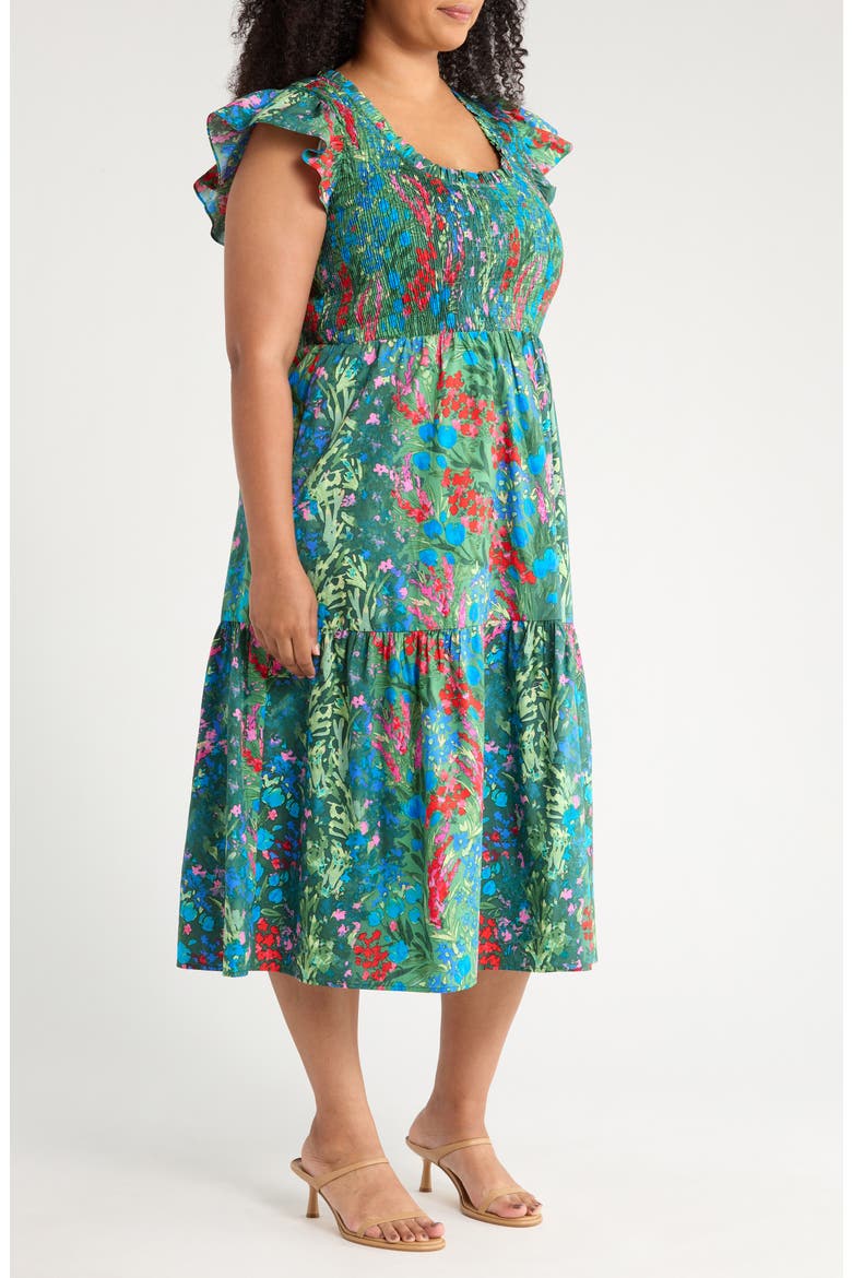 Devin Floral Glare Smocked Cotton Maxi Dress, Alternate, color, BLUE-GREENS