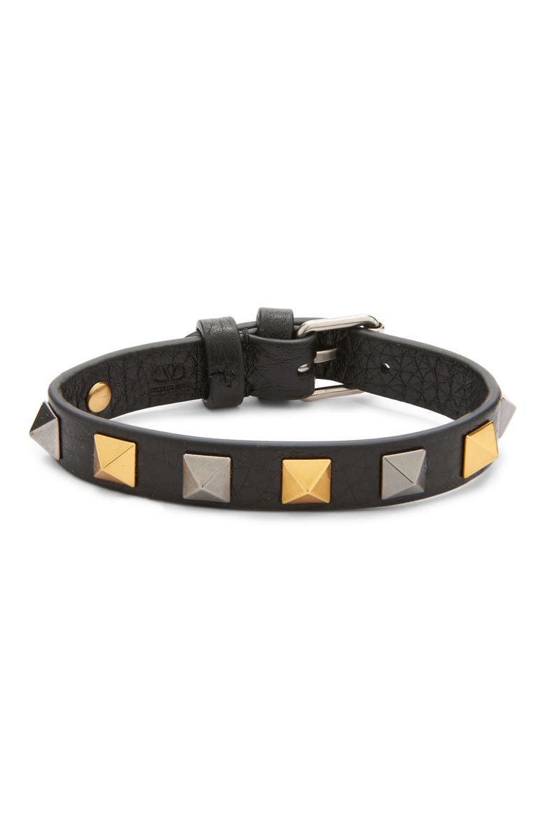 Men's Rockstud Leather Bracelet, Main, color, BLACK