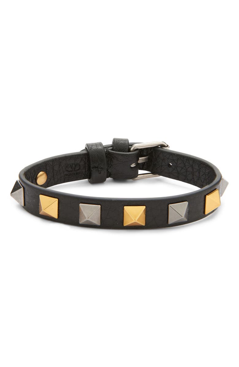 Valentino Garavani Men's Rockstud Leather Bracelet, Main, color, Black