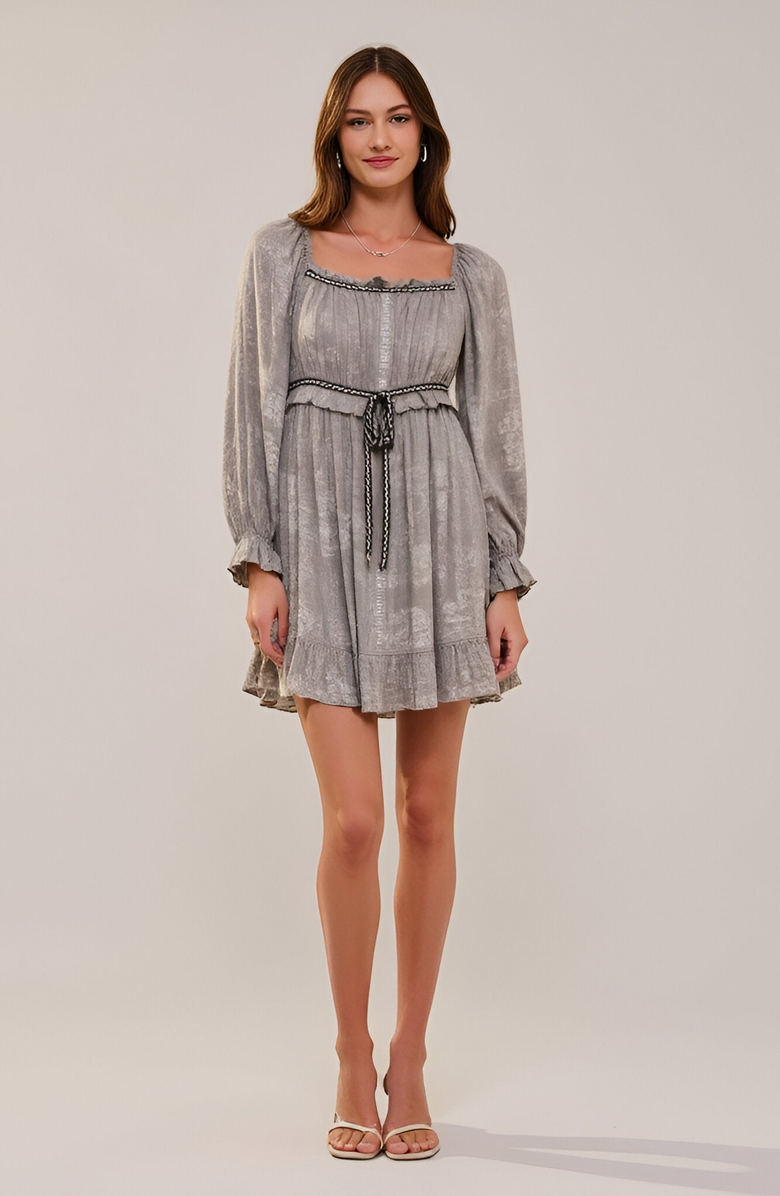 Modenaire Long Sleeve Drawstring Waist Ruffle Hem Mini Dress, Main, color, 