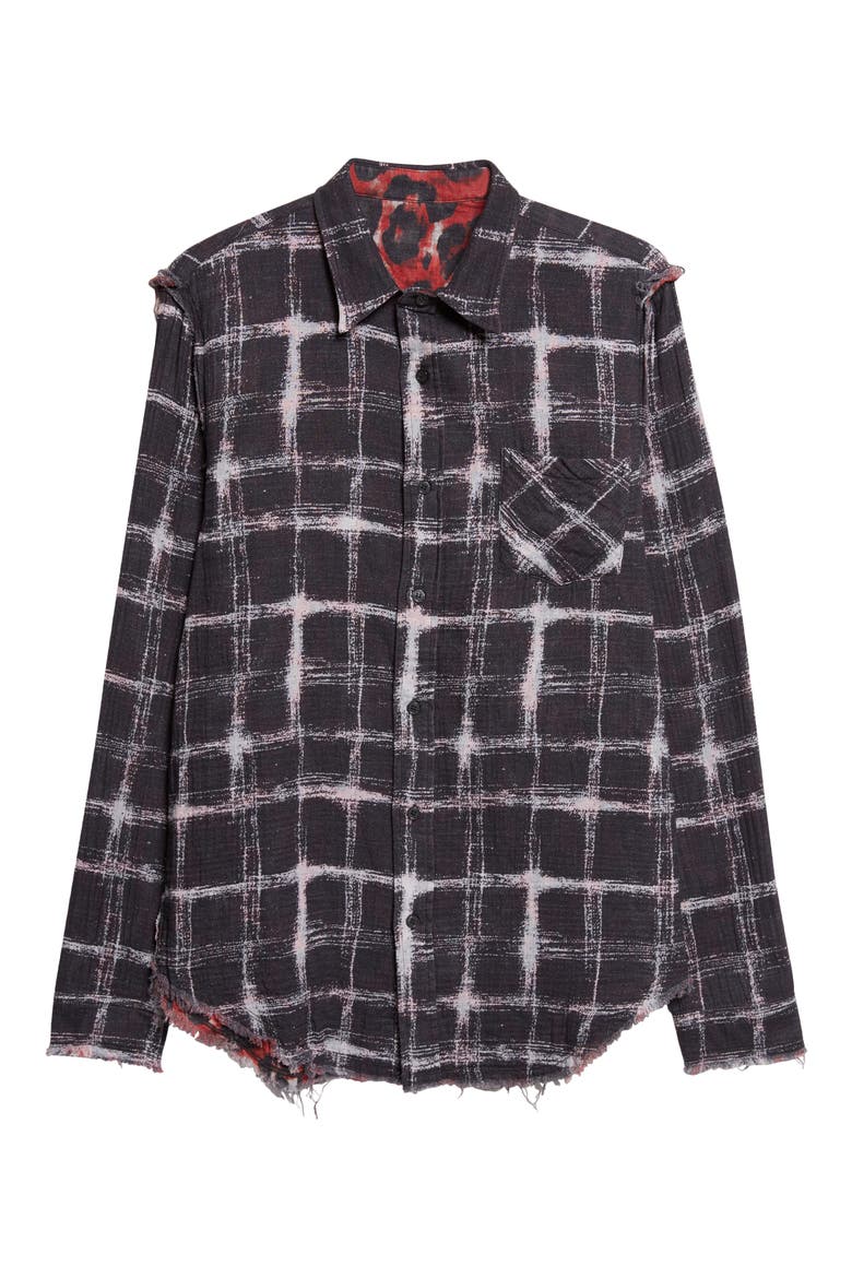 Shredded Seam Drop Neck Reversible Cotton Gauze Button-Up Shirt, Alternate, color, BLACK ECRU PLAID RED LEOPARD