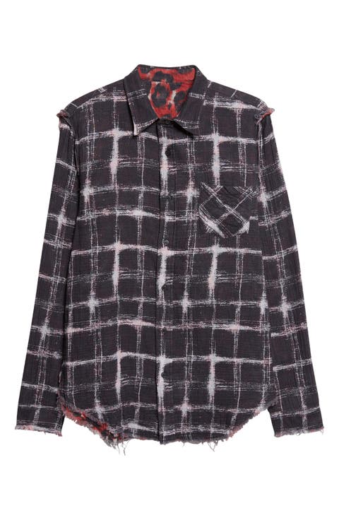 Shredded Seam Drop Neck Reversible Cotton Gauze Button-Up Shirt