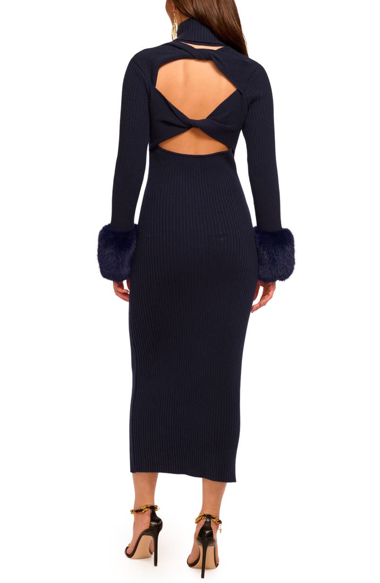Ramy Brook Linda Faux Fur Trim Long Sleeve Open Back Wool & Cotton Blend Rib Dress, Alternate, color, Navy