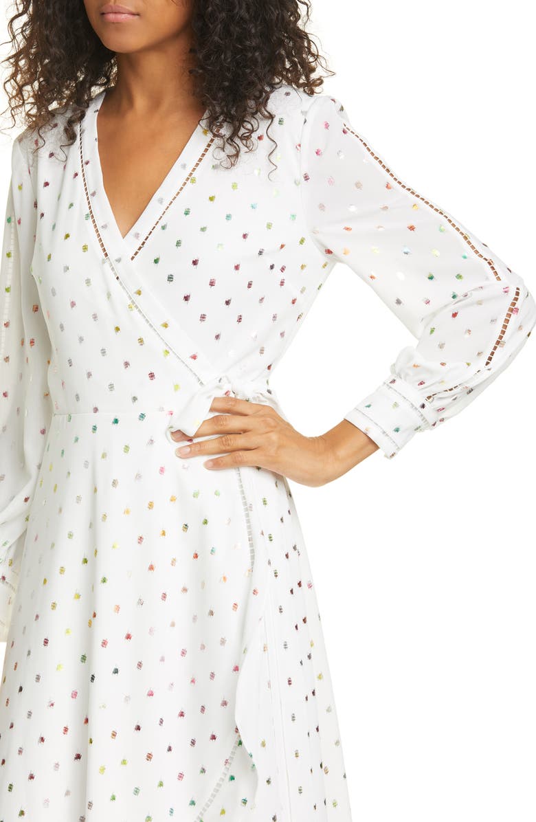 Ted Baker London Tansie Metallic Dot Long Sleeve Wrap Dress, Alternate, color, Ivory