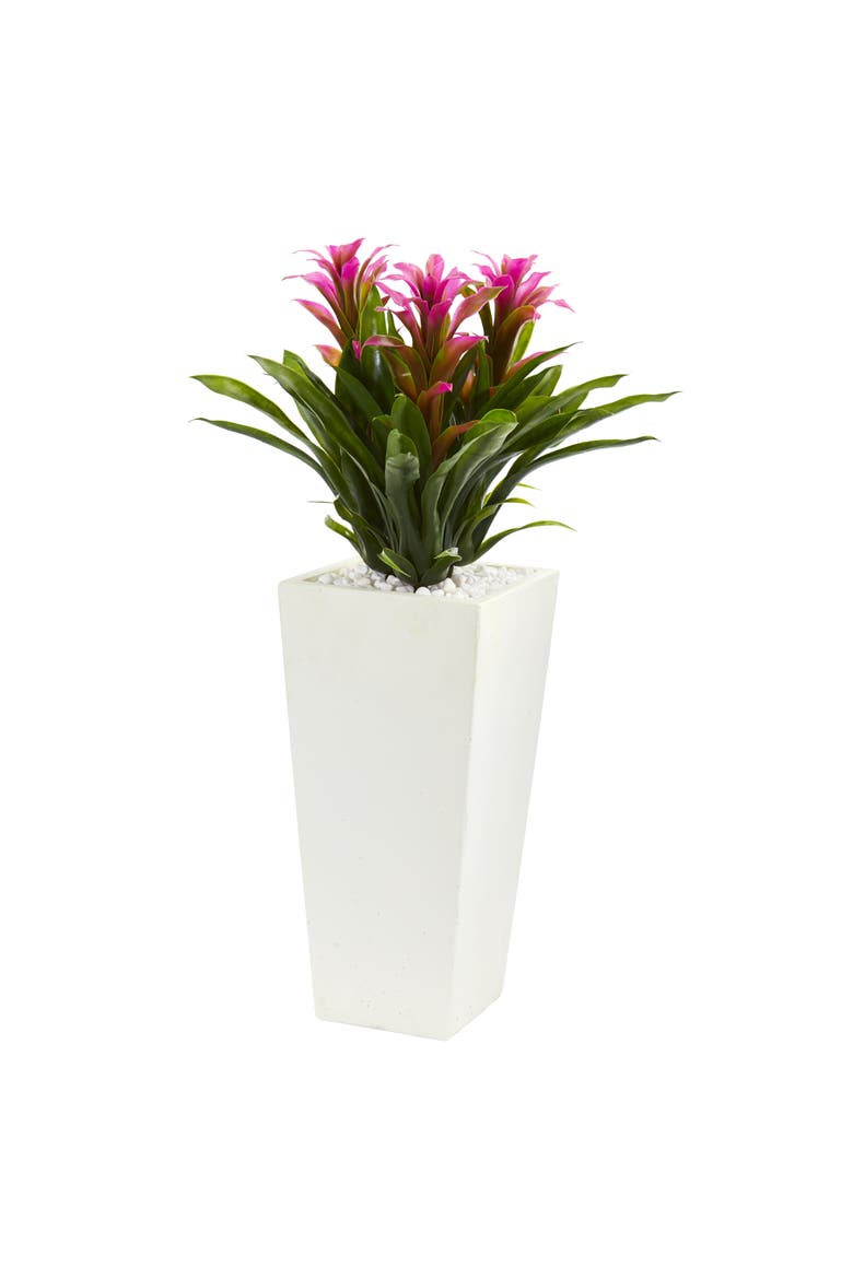 Triple Bromeliad Artificial Plant in White Tower Planter, Main, color, Purple
