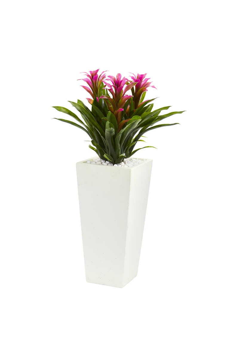 NEARLY NATURAL Triple Bromeliad Artificial Plant in White Tower Planter, Main, color, Purple