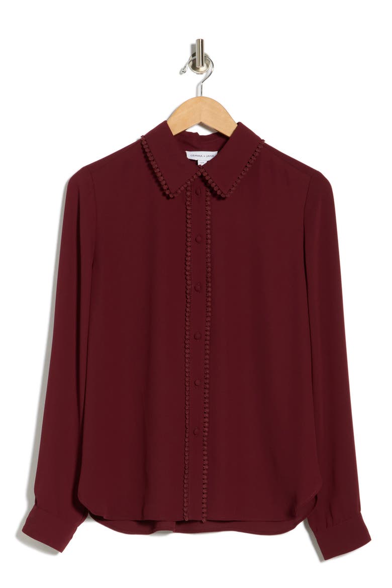 Lace Trim Button-Up Shirt, Alternate, color, BURGUNDY