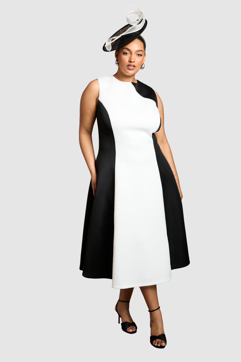 Plus Colour Block Fit Flare Midi Dress, Main, color, Mono