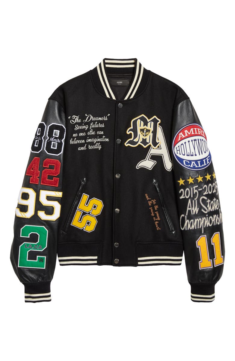 AMIRI Varsity Patch Wool Blend & Leather Jacket, Main, color, Black