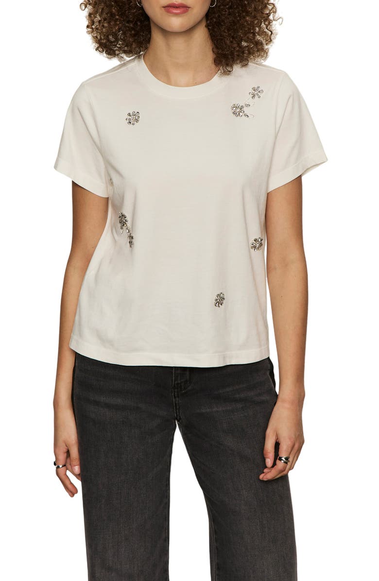 Sanctuary Floral Crystal Embellished Organic Cotton T-Shirt, Main, color, White