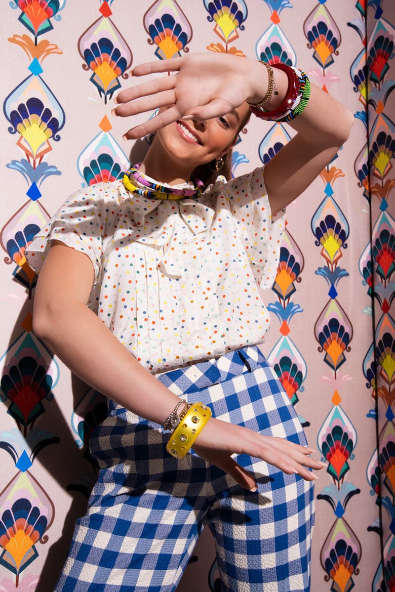 Printed Blouse With Pleating And Bow Tie, Alternate, color, Ecru Multicolour
