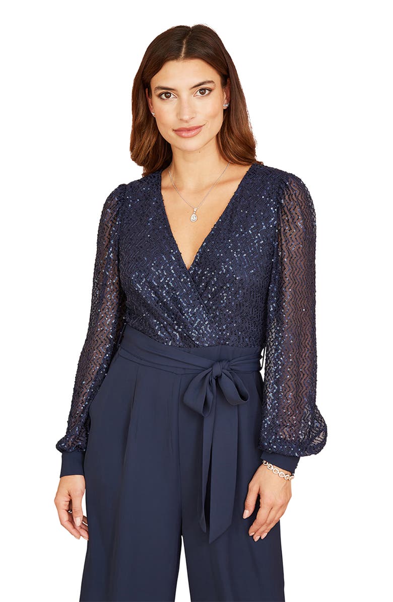 Yumi Long Sleeved Sequin Jumpsuit, Alternate, color, Navy